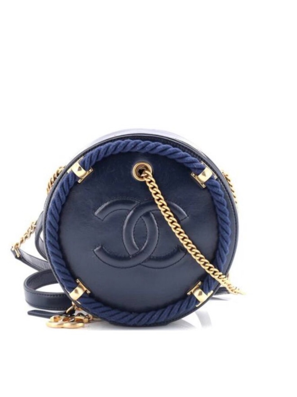 CHANEL En Vogue Navy Calfskin Round Rope-Trim Crossbody with Gold Hardware